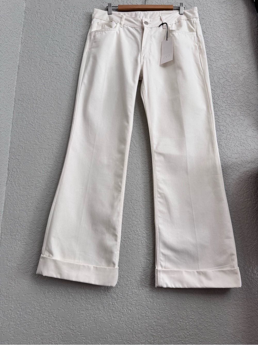 Zara Off-White Wide-Leg Fold Up Flare Pants
